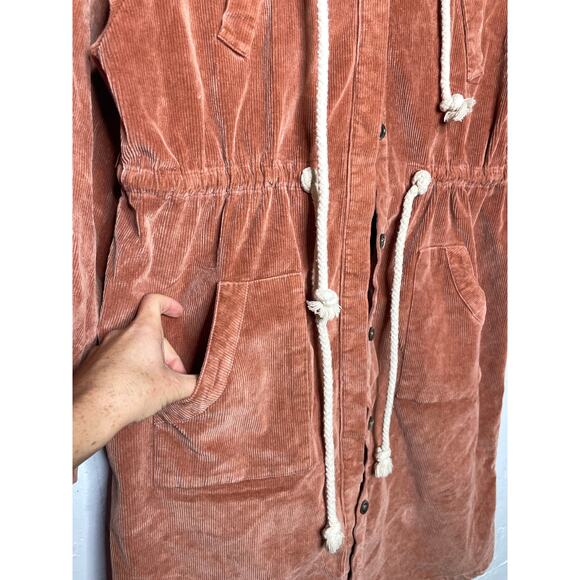 POL Womens Corduroy Long Jacket Rust Orange Size Small Hooded Button Down - Picture 4 of 7